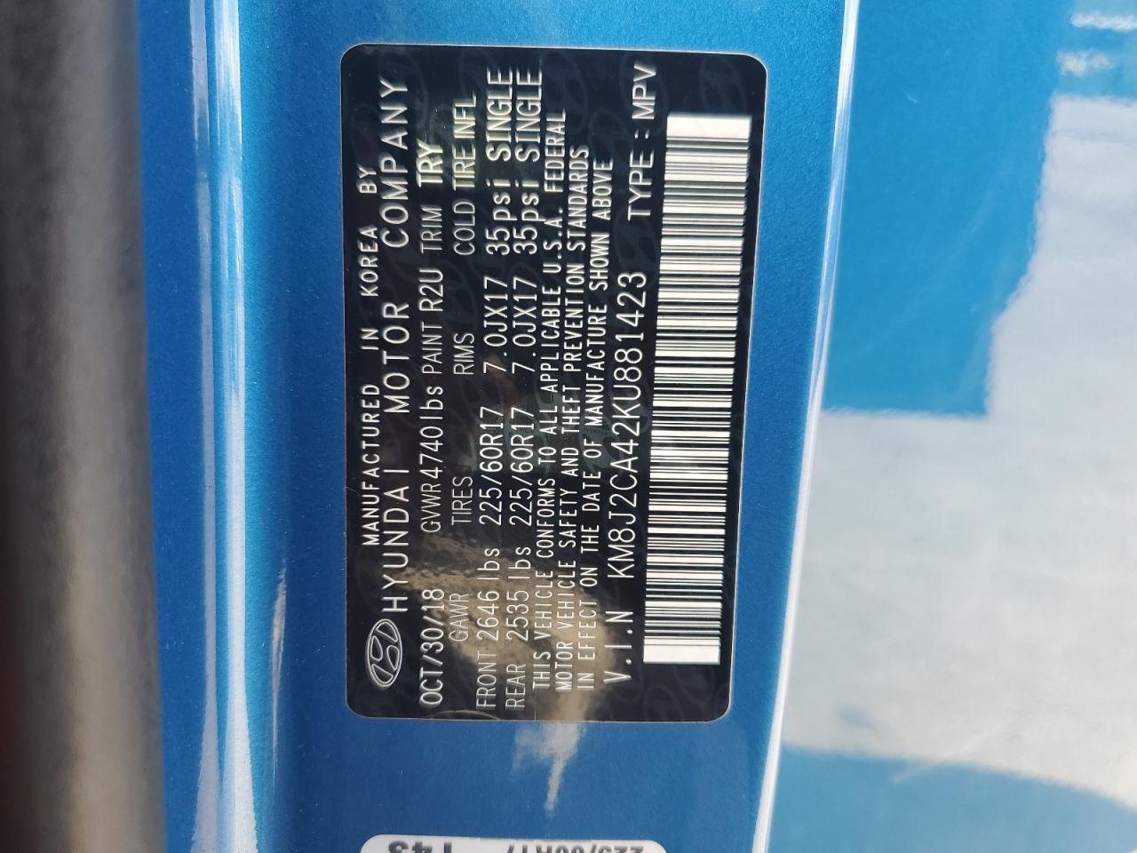 2019 Hyundai Tucson Se VIN: KM8J2CA42KU881423 Lot: 80560115