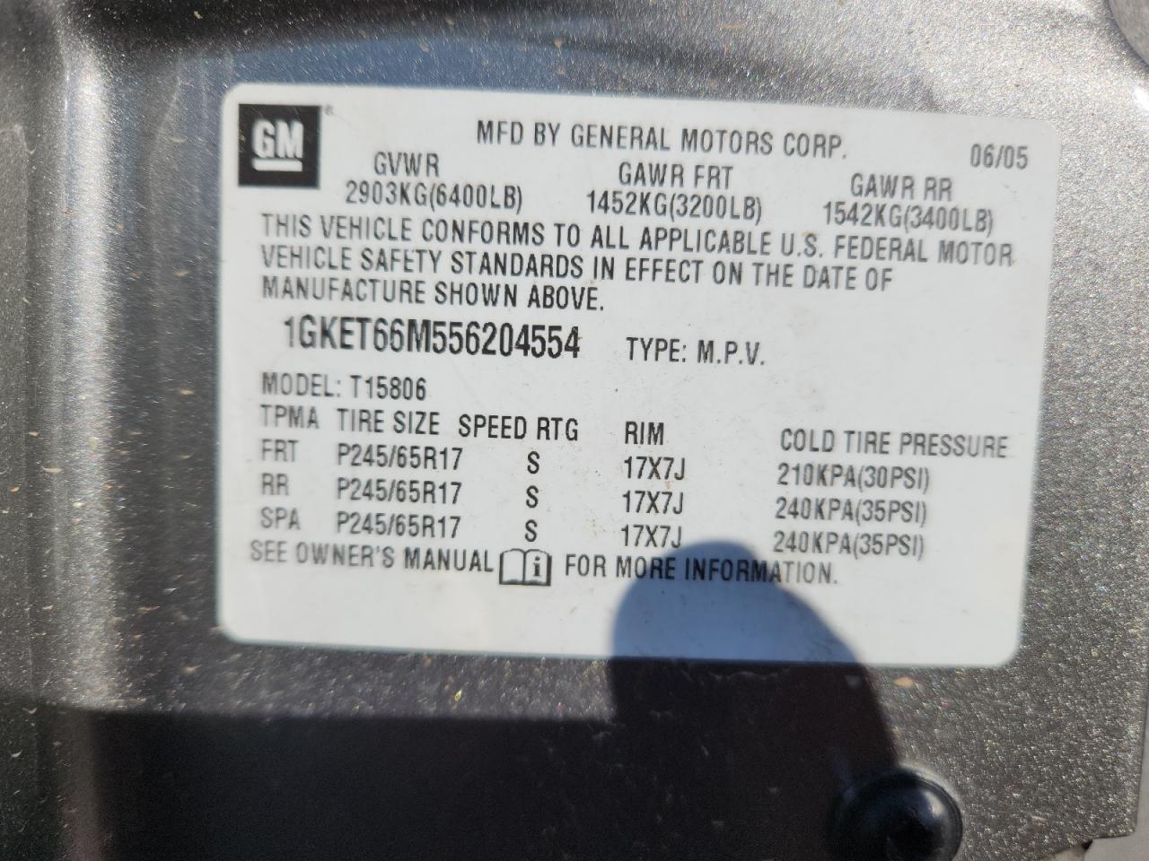 2005 GMC Envoy Denali Xl VIN: 1GKET66M556204554 Lot: 84294285