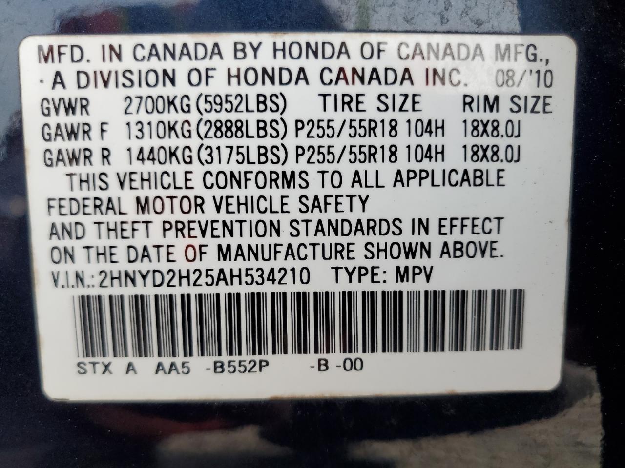 2010 Acura Mdx VIN: 2HNYD2H25AH534210 Lot: 82060885
