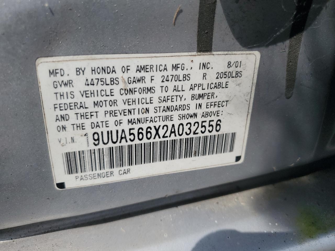 2002 Acura 3.2Tl VIN: 19UUA566X2A032556 Lot: 70983825