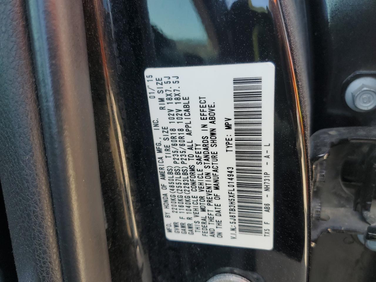 2015 Acura Rdx Technology VIN: 5J8TB3H5XFL014943 Lot: 84282175