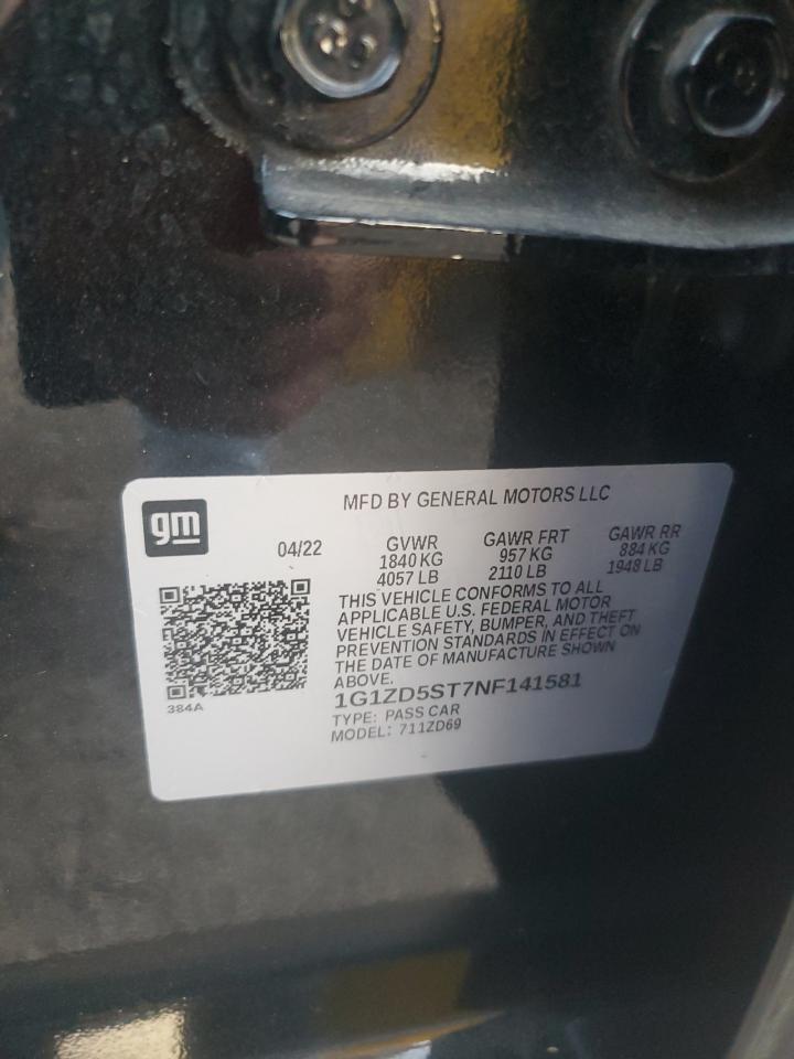 2022 Chevrolet Malibu Lt VIN: 1G1ZD5ST7NF141581 Lot: 81563555