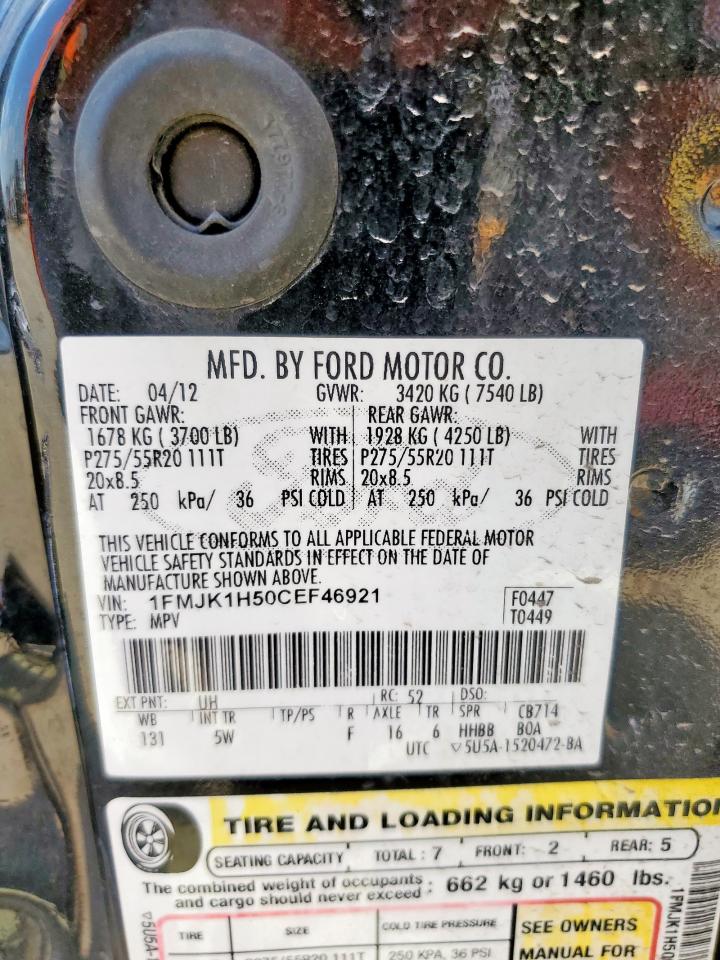 2012 Ford Expedition El Xlt VIN: 1FMJK1H50CEF46921 Lot: 80577355