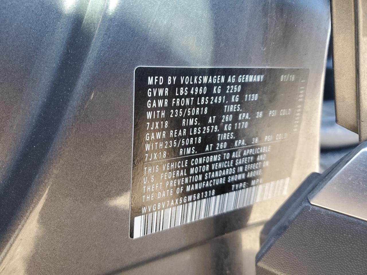 2016 Volkswagen Tiguan S VIN: WVGBV7AX5GW581318 Lot: 81715485