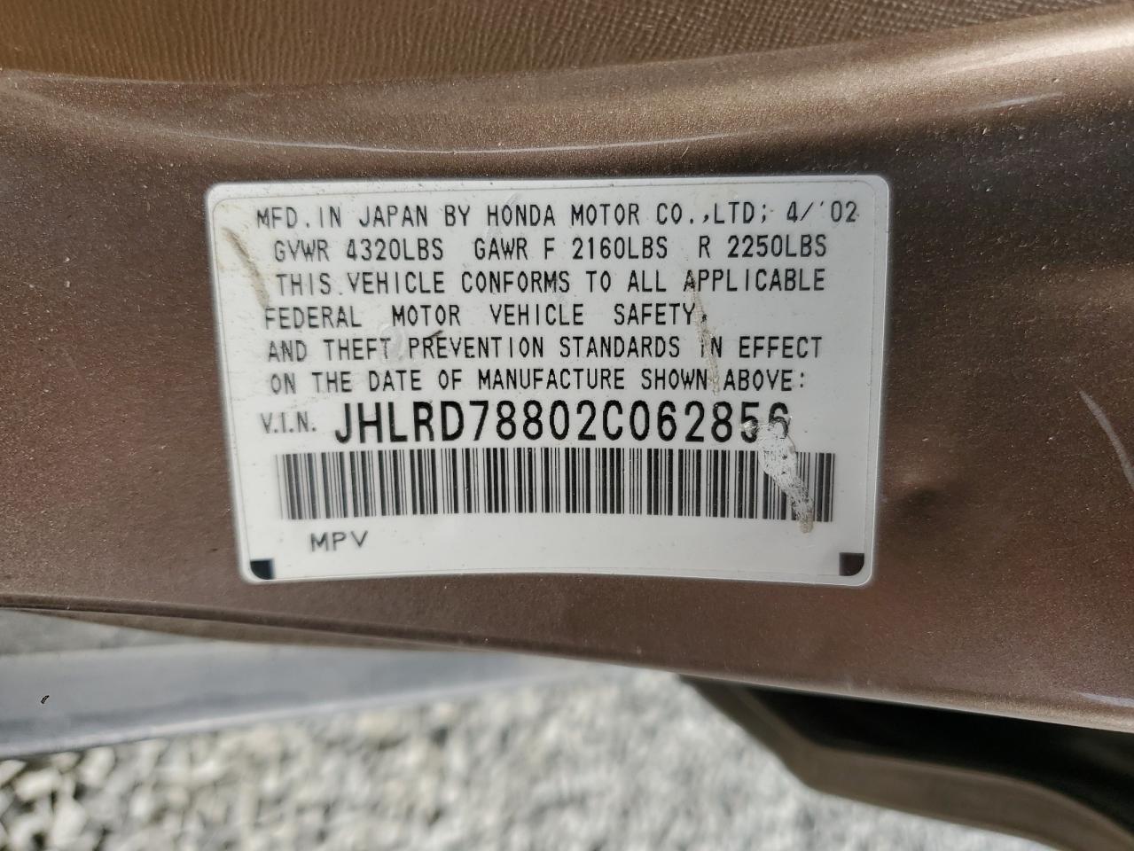 2002 Honda Cr-V Ex VIN: JHLRD78802C062856 Lot: 71202735