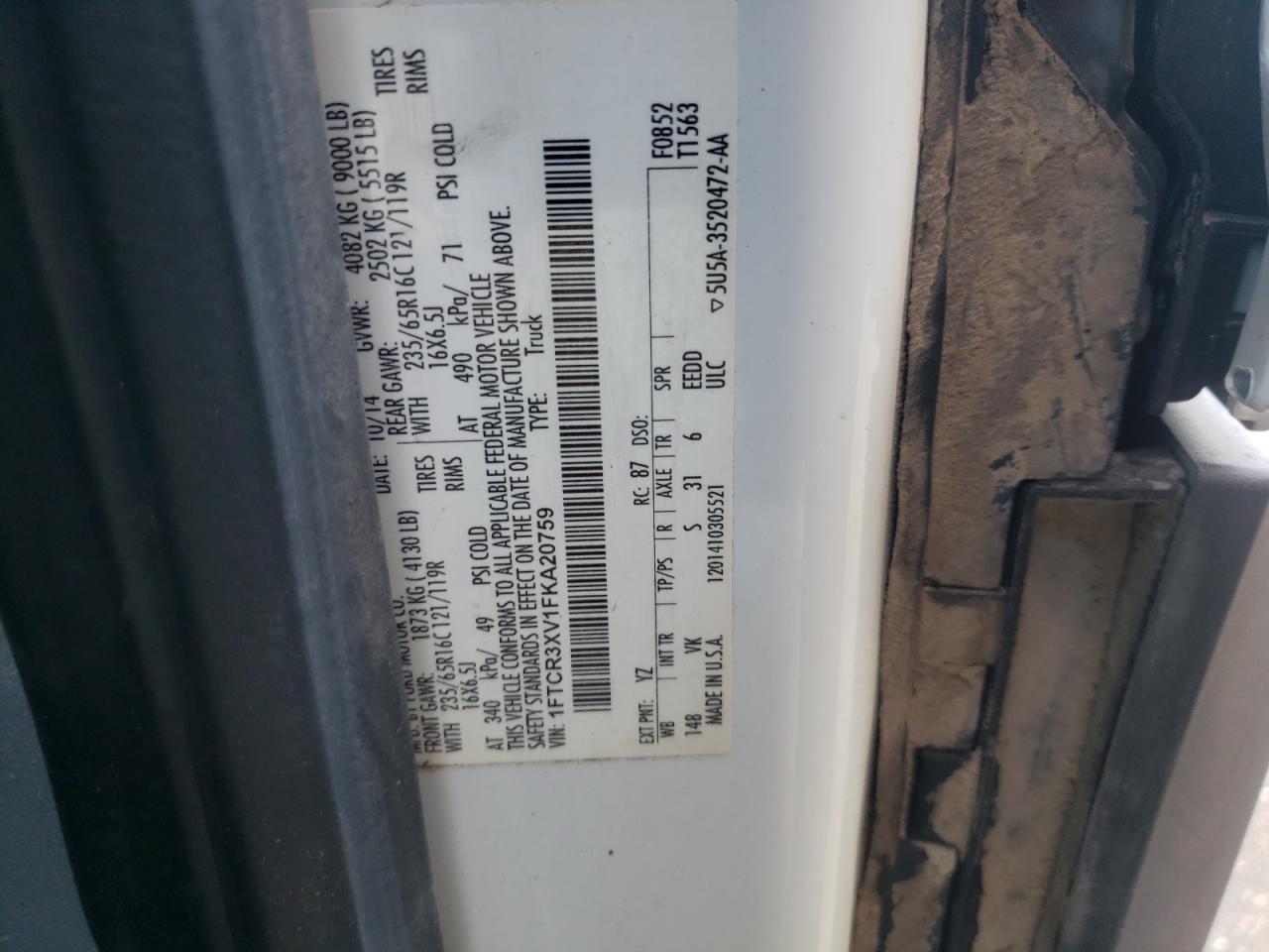 2015 Ford Transit T-250 VIN: 1FTCR3XV1FKA20759 Lot: 71679485