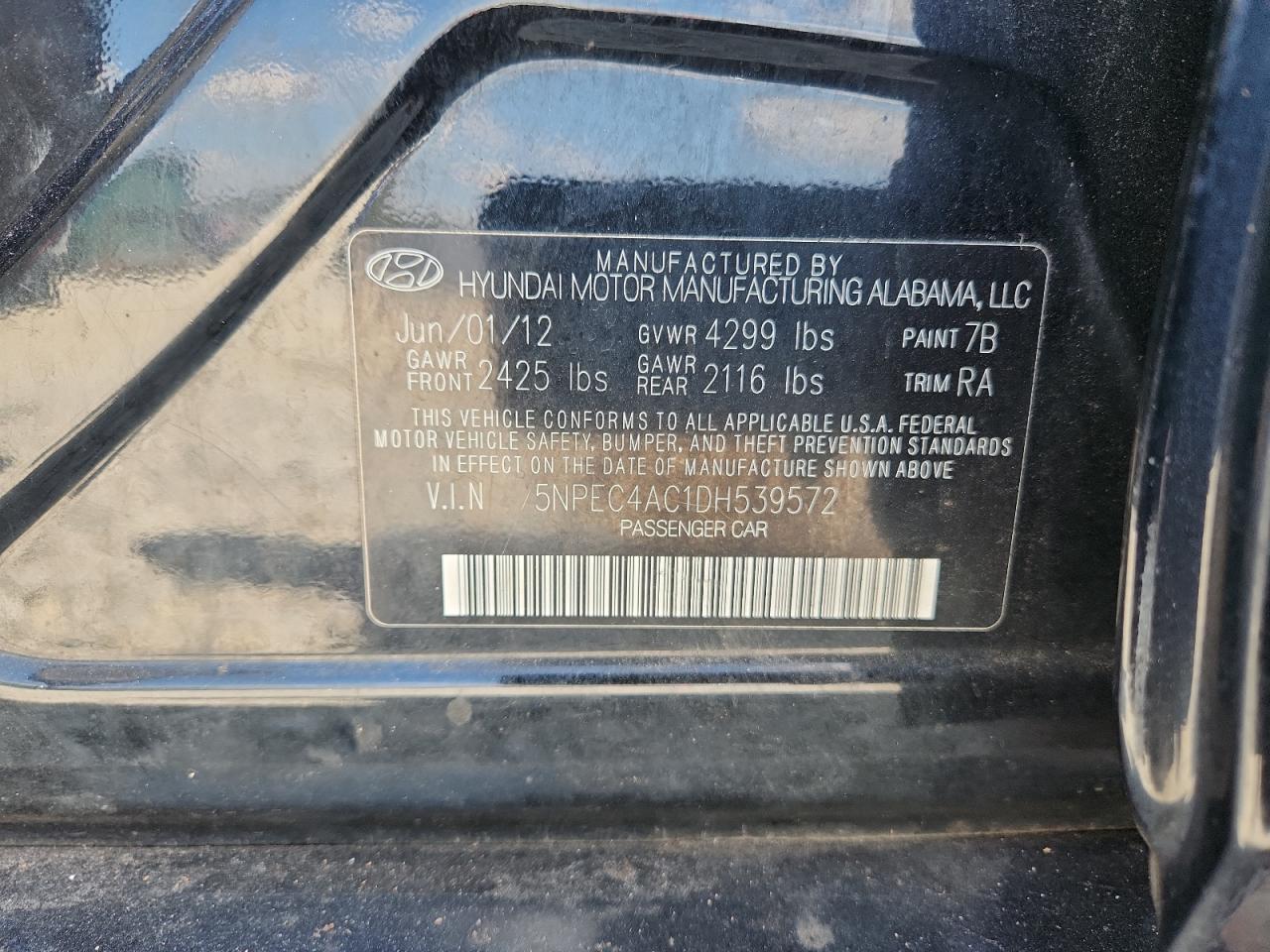 2013 Hyundai Sonata Se VIN: 5NPEC4AC1DH539572 Lot: 80454035