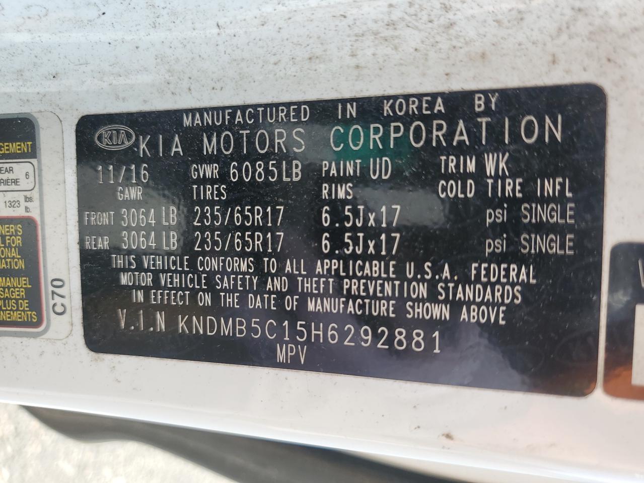 2017 Kia Sedona Lx VIN: KNDMB5C15H6292881 Lot: 80020075