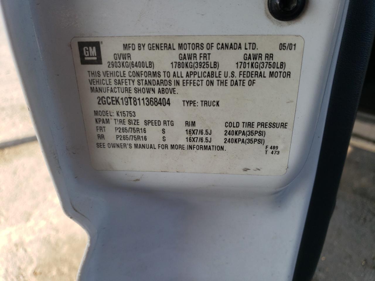 2001 Chevrolet Silverado K1500 VIN: 2GCEK19T811368404 Lot: 80216825