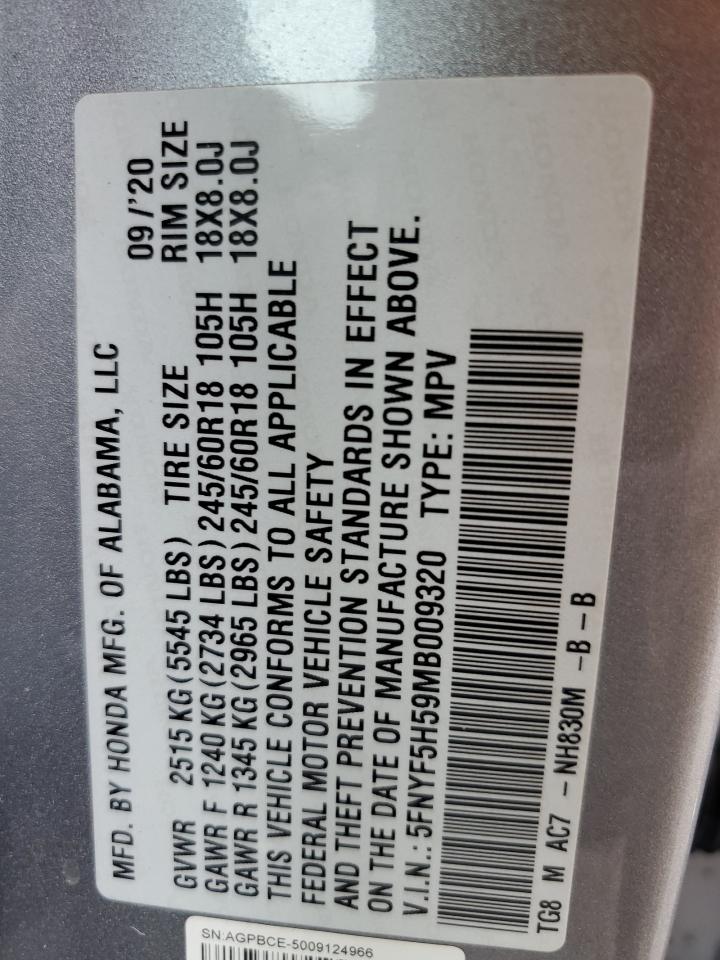 2021 Honda Pilot Exl VIN: 5FNYF5H59MB009320 Lot: 83957785