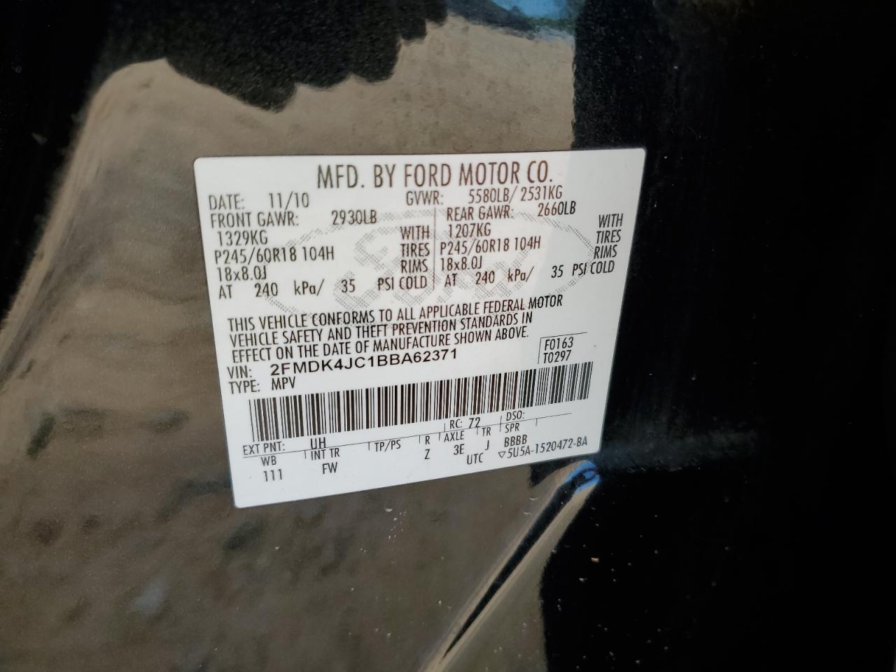 2011 Ford Edge Sel VIN: 2FMDK4JC1BBA62371 Lot: 80467845