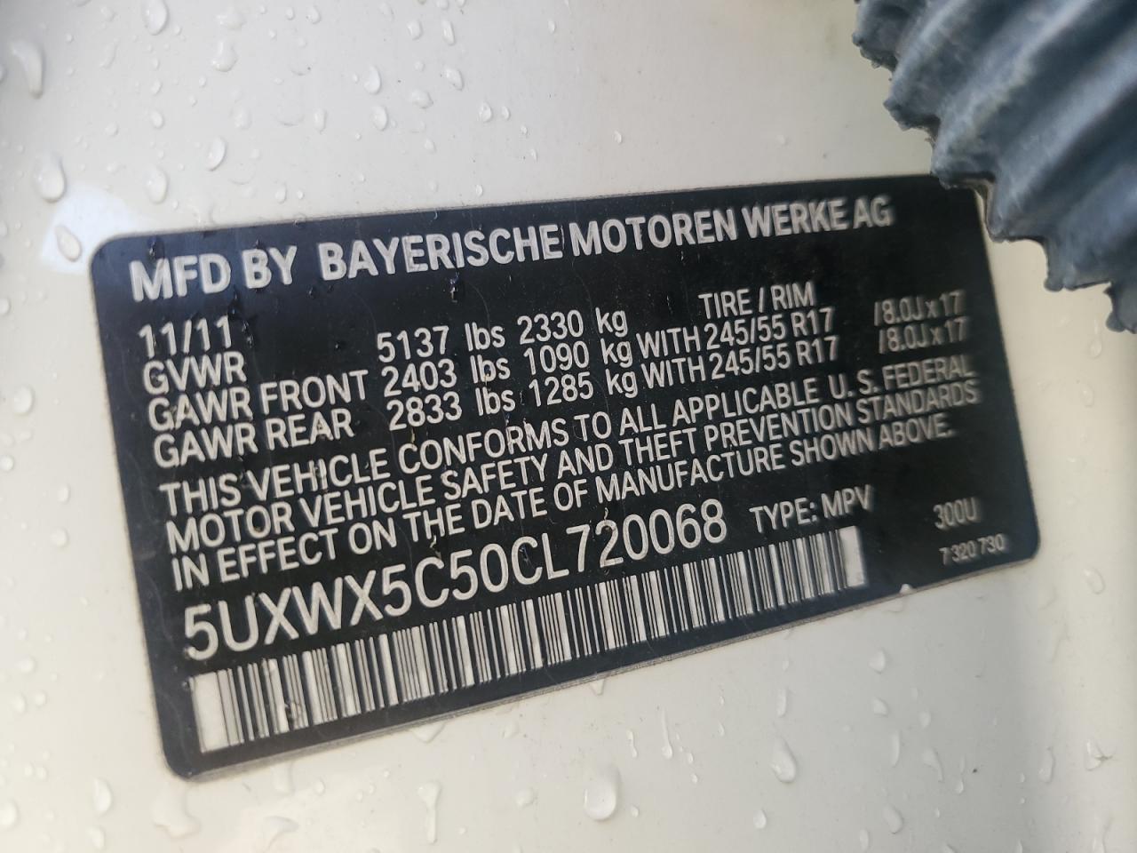 2012 BMW X3 xDrive28I VIN: 5UXWX5C50CL720068 Lot: 84584385