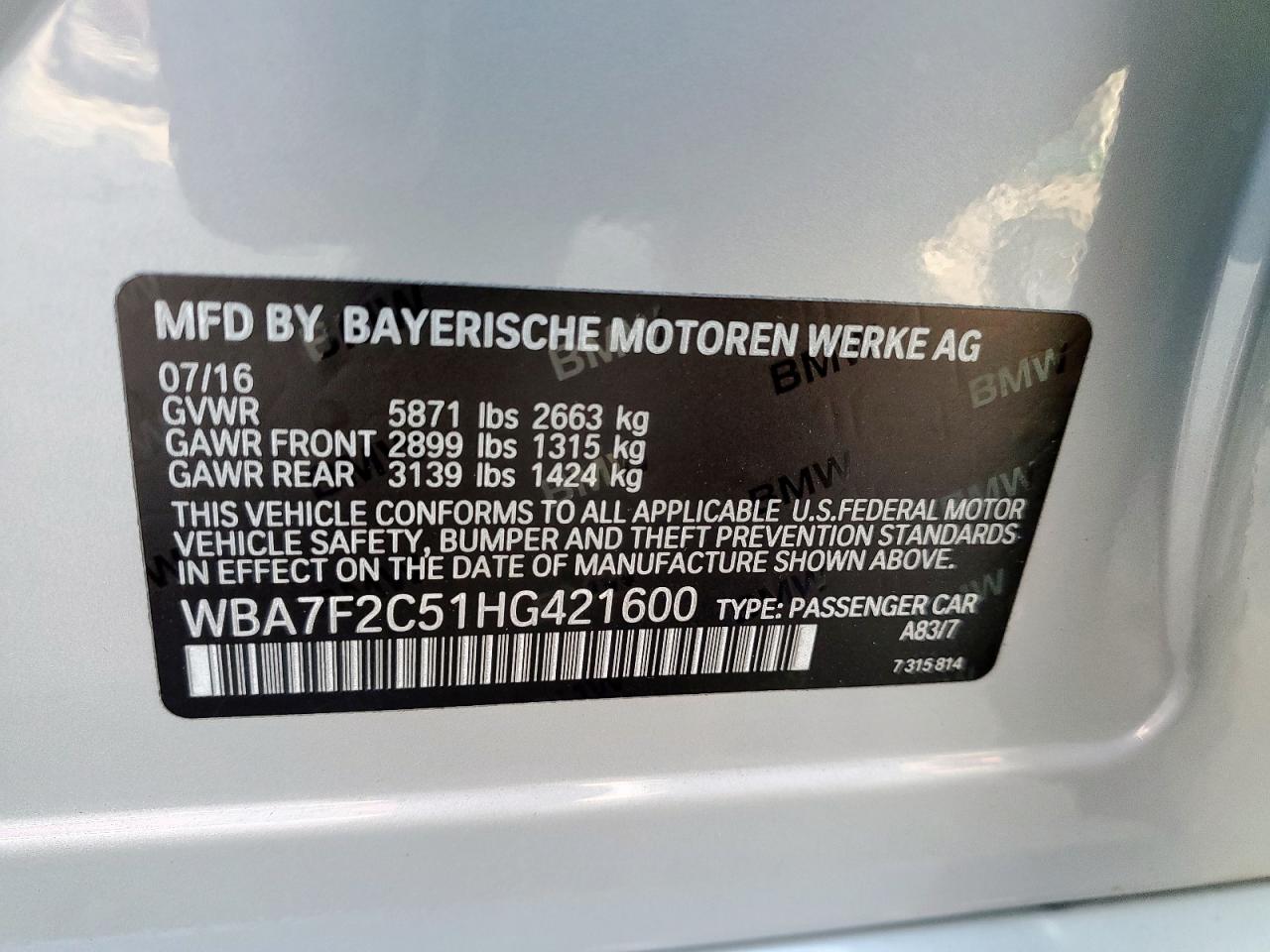 2017 BMW 750 Xi VIN: WBA7F2C51HG421600 Lot: 81402155