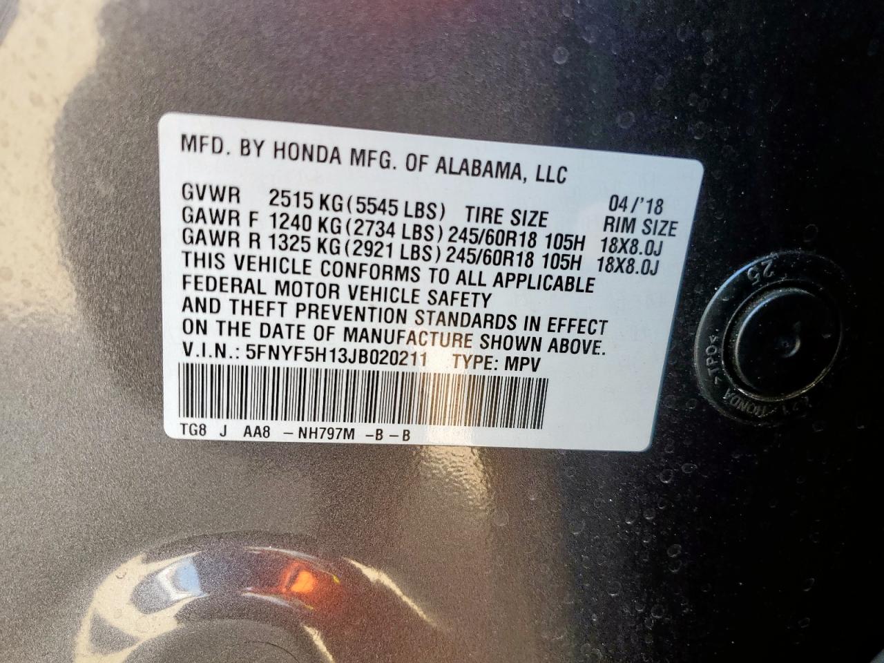 2018 Honda Pilot Lx VIN: 5FNYF5H13JB020211 Lot: 81347705