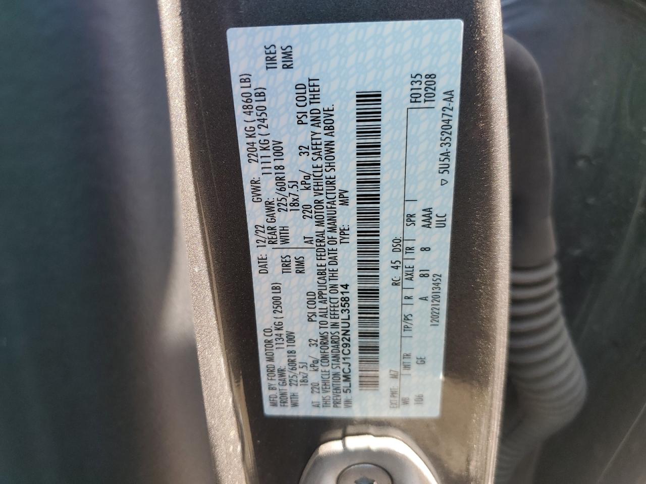 2022 Lincoln Corsair VIN: 5LMCJ1C92NUL35814 Lot: 71168675