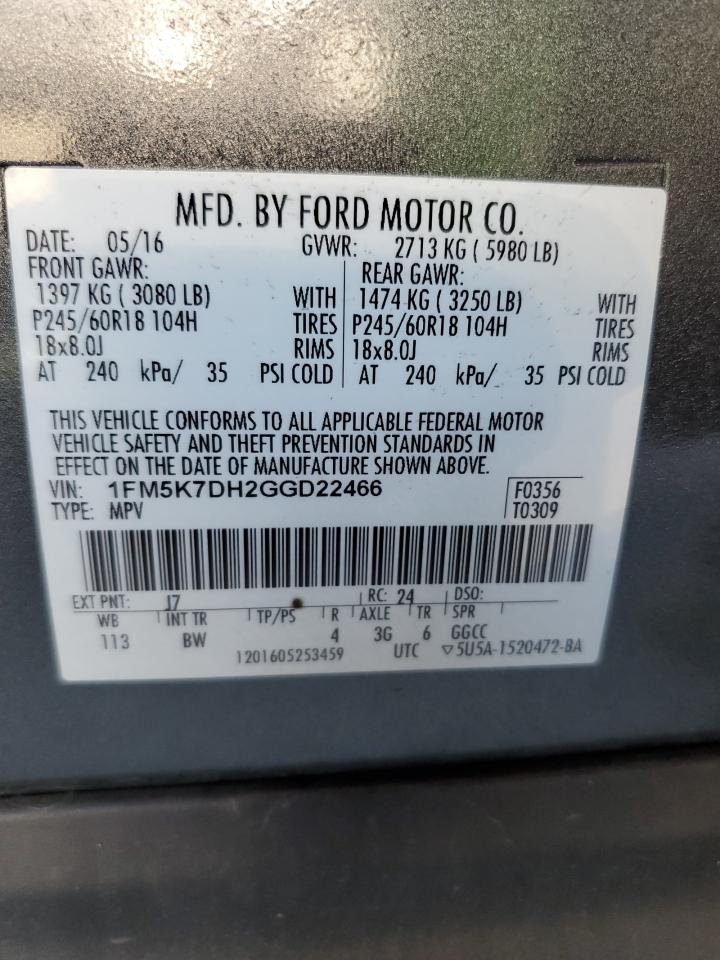 2016 Ford Explorer Xlt VIN: 1FM5K7DH2GGD22466 Lot: 81723215