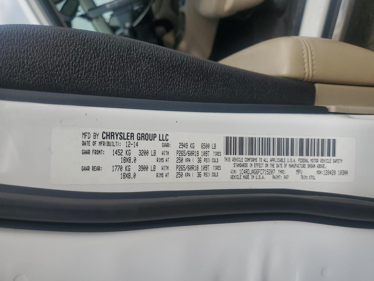 2015 Dodge Durango Sxt VIN: 1C4RDJAG6FC715207 Lot: 81572325