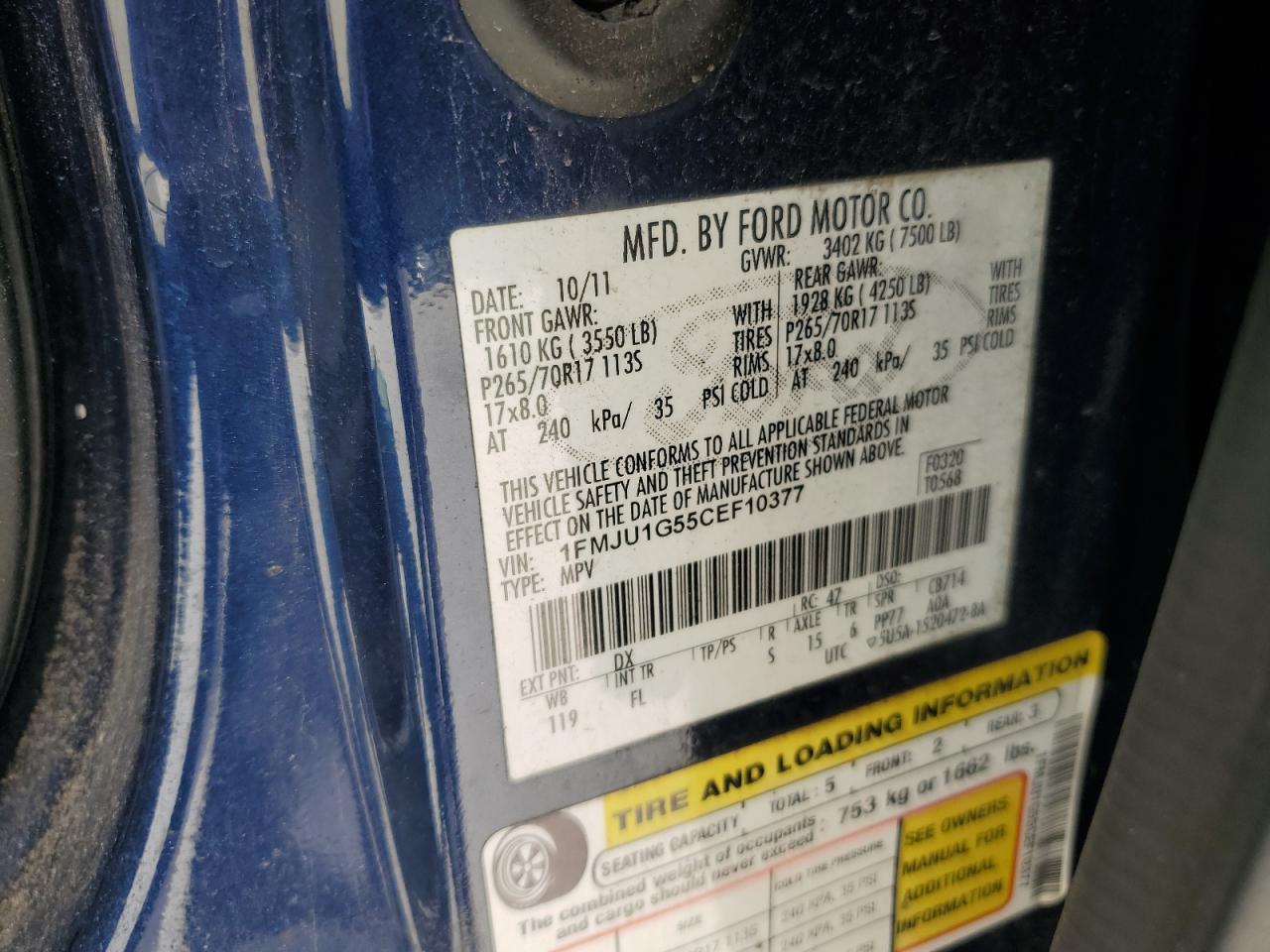 2012 Ford Expedition Xl VIN: 1FMJU1G55CEF10377 Lot: 80100445