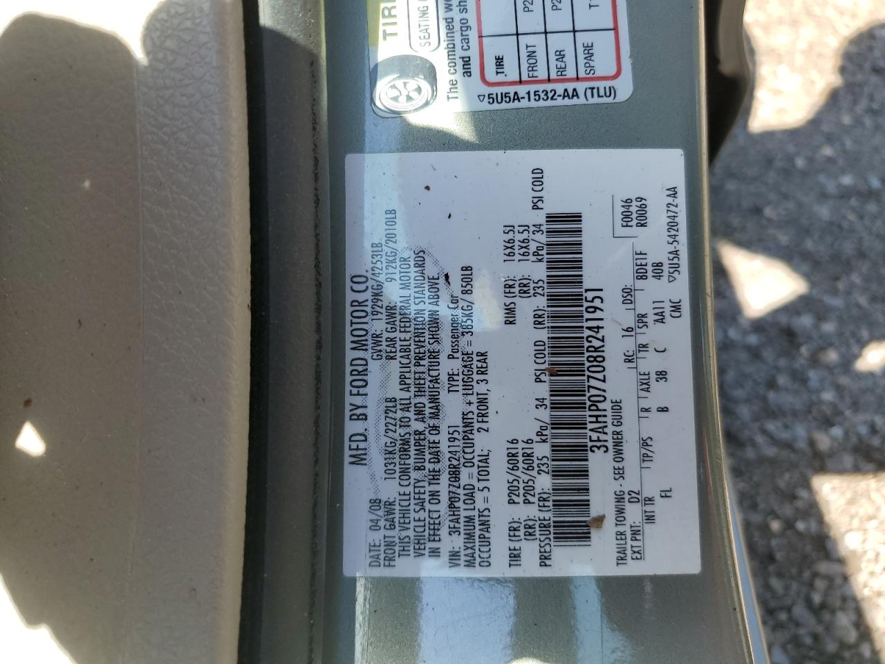 2008 Ford Fusion Se VIN: 3FAHP07Z08R241951 Lot: 71682915