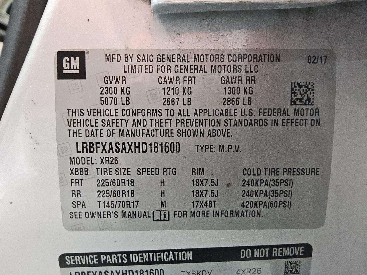 2017 Buick Envision Preferred VIN: LRBFXASAXHD181600 Lot: 80300575