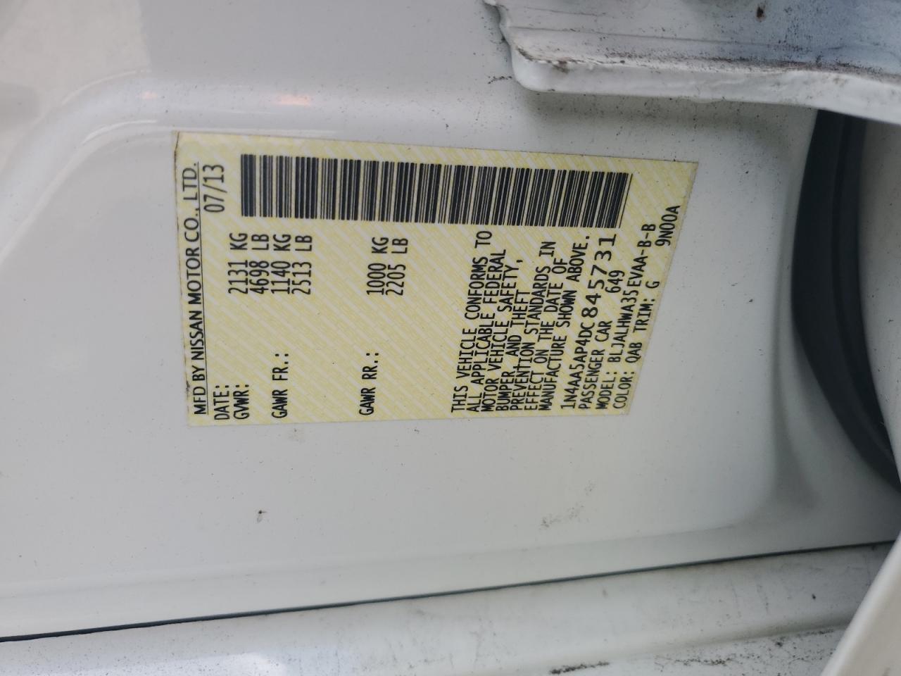 2013 Nissan Maxima S VIN: 1N4AA5AP4DC845731 Lot: 84040985