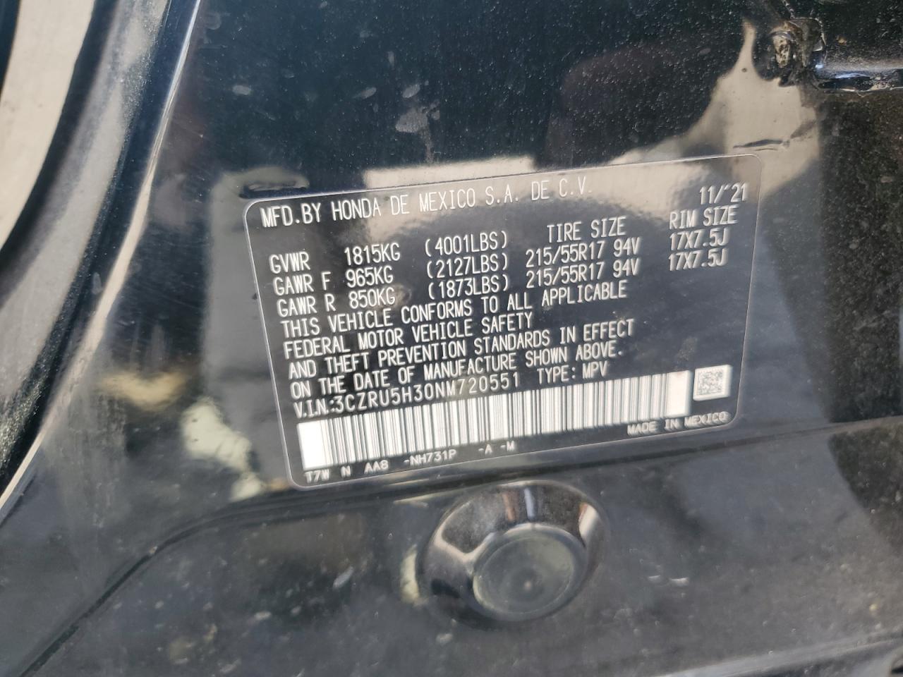 2022 Honda Hr-V Lx VIN: 3CZRU5H30NM720551 Lot: 71904115