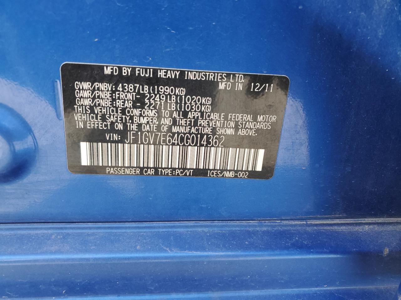 2012 Subaru Impreza Wrx VIN: JF1GV7E64CG014362 Lot: 80562735