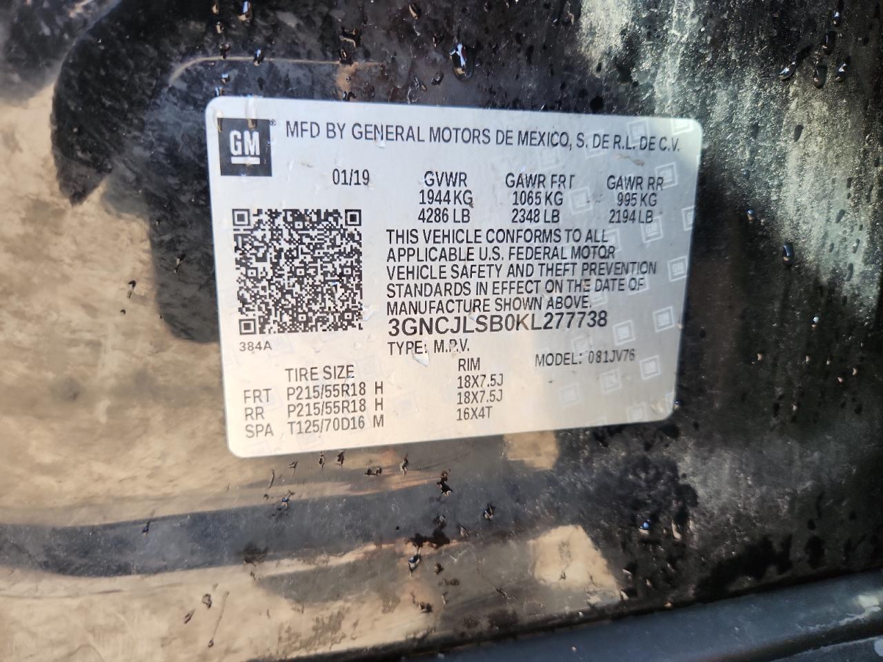 2019 Chevrolet Trax 1Lt VIN: 3GNCJLSB0KL277738 Lot: 80487715