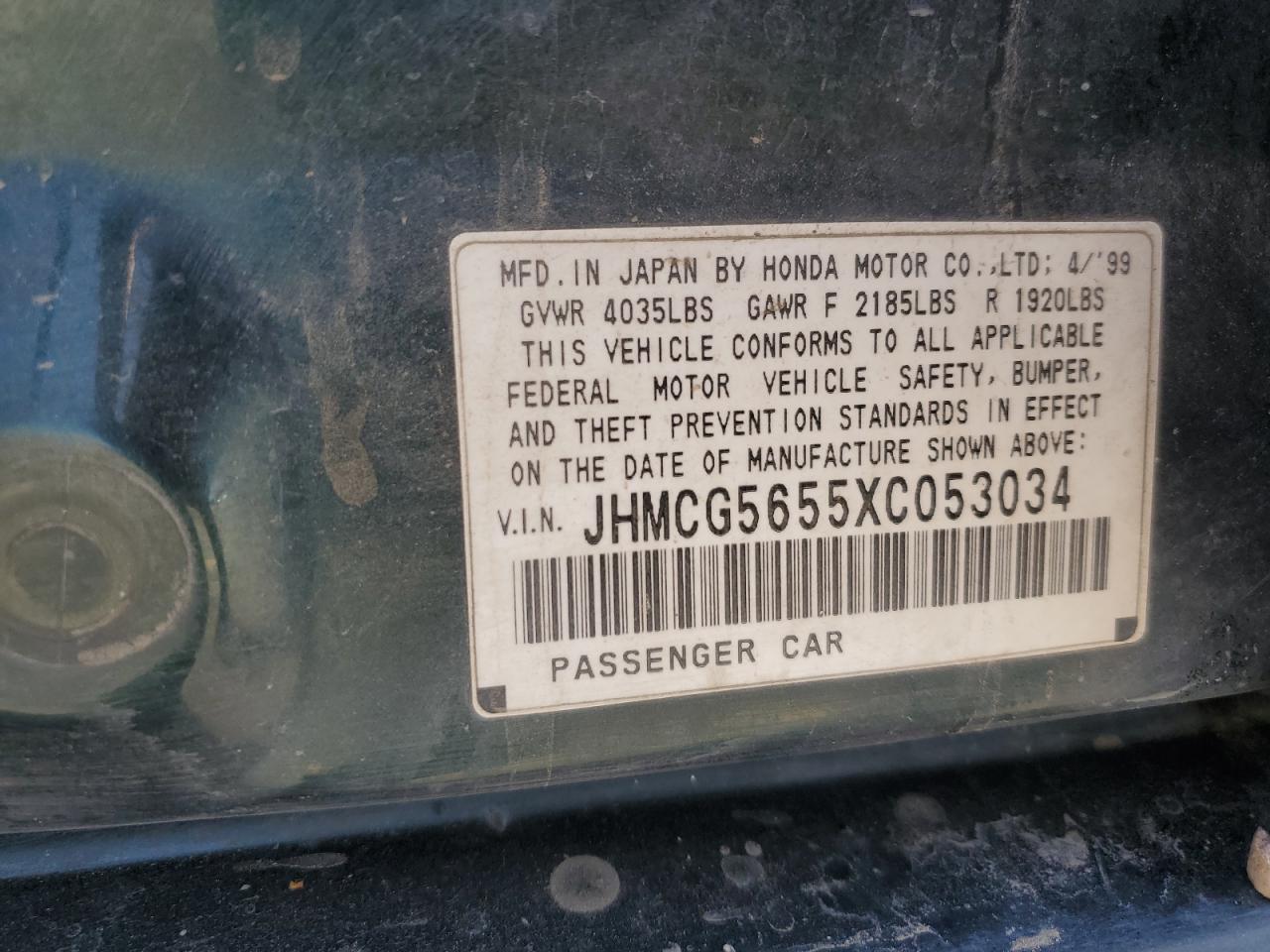 1999 Honda Accord Ex VIN: JHMCG5655XC053034 Lot: 80483155