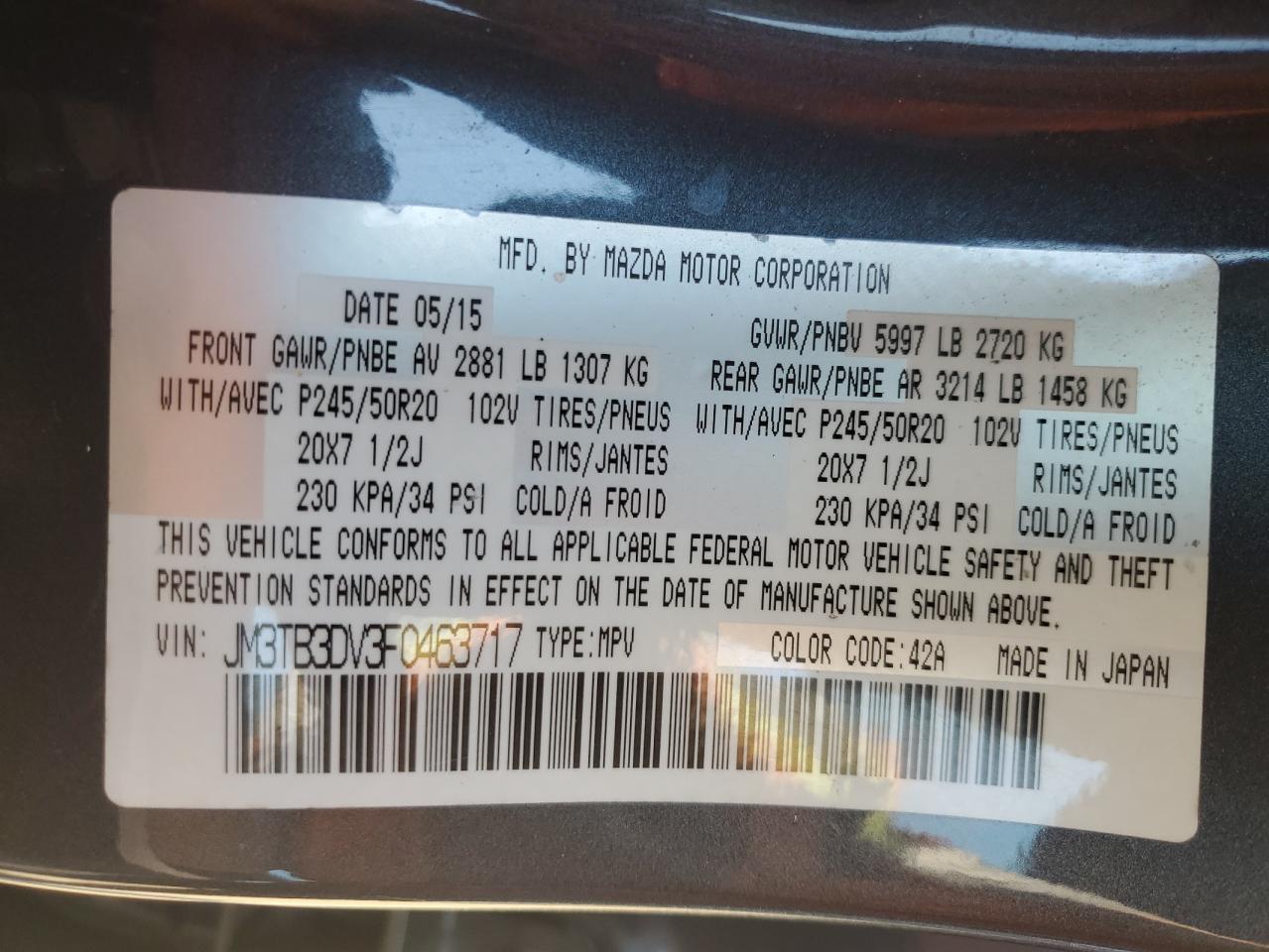 2015 Mazda Cx-9 Grand Touring VIN: JM3TB3DV3F0463717 Lot: 71646445