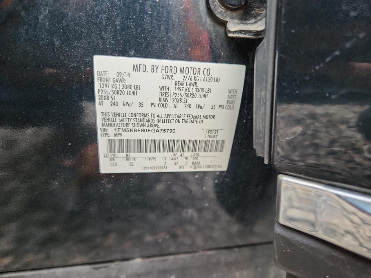 2015 Ford Explorer Limited VIN: 1FM5K8F80FGA75790 Lot: 81551145