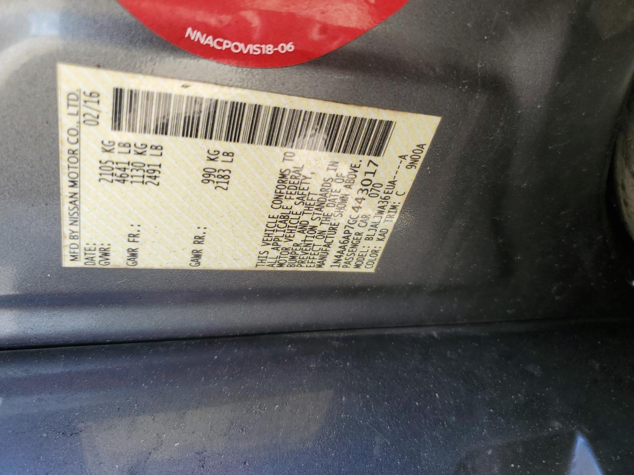 2016 Nissan Maxima 3.5S VIN: 1N4AA6AP7GC443017 Lot: 80583235