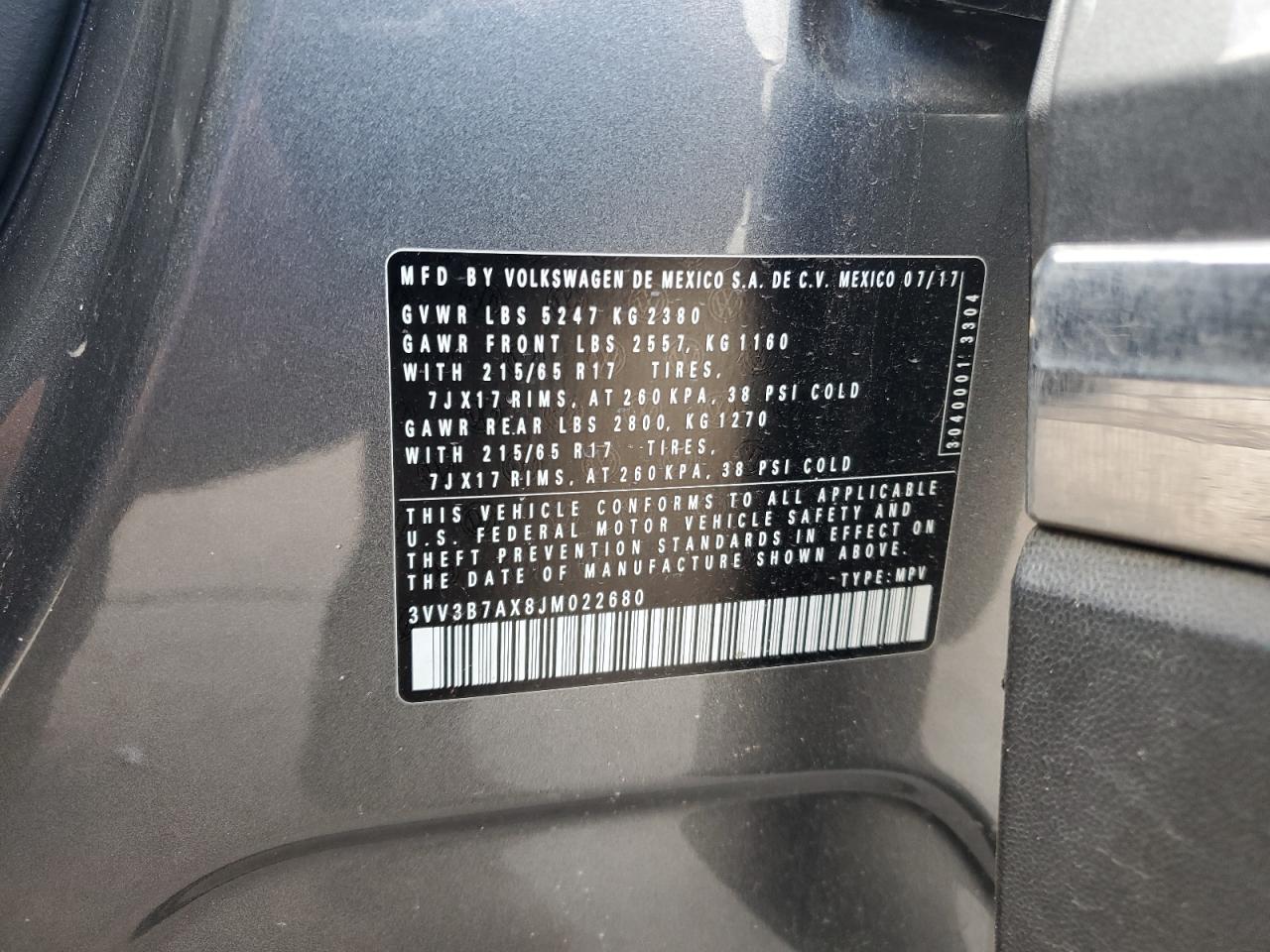 2018 Volkswagen Tiguan Se VIN: 3VV3B7AX8JM022680 Lot: 81814305