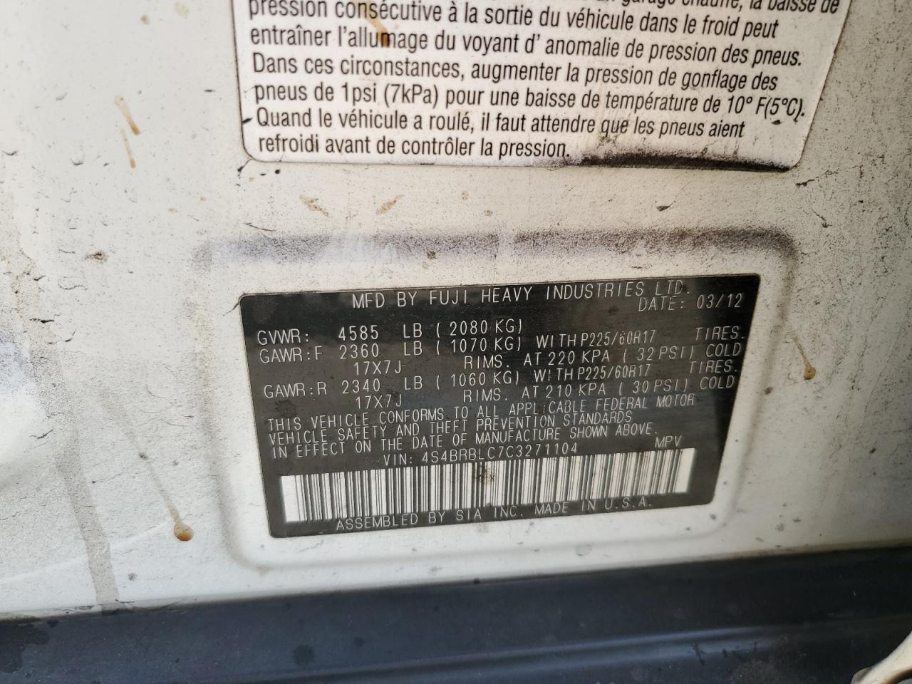 2012 Subaru Outback 2.5I Limited VIN: 4S4BRBLC7C3271104 Lot: 81930675