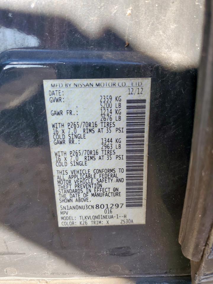 2012 Nissan Xterra Off Road VIN: 5N1AN0NU3CN801297 Lot: 84587835