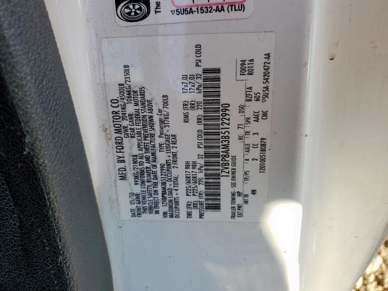 2011 Ford Mustang VIN: 1ZVBP8AM3B5122990 Lot: 83962635
