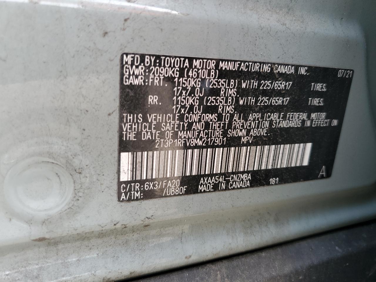 2021 Toyota Rav4 Xle VIN: 2T3P1RFV8MW217901 Lot: 80933515