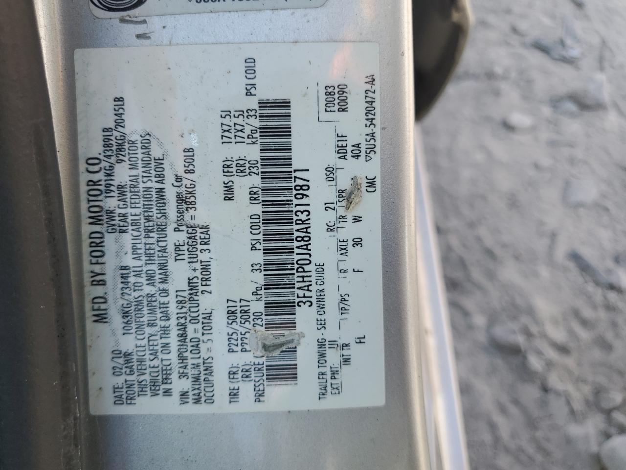 2010 Ford Fusion Sel VIN: 3FAHP0JA8AR319871 Lot: 80924935