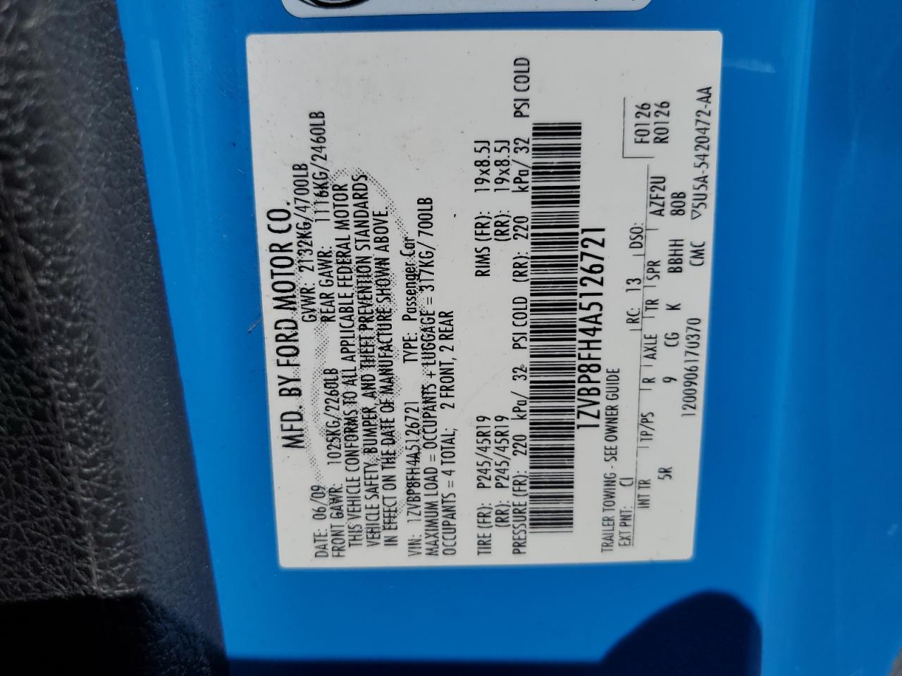 2010 Ford Mustang Gt VIN: 1ZVBP8FH4A5126721 Lot: 80108065