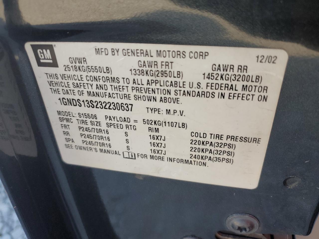 2003 Chevrolet Trailblazer VIN: 1GNDS13S232230637 Lot: 80967955