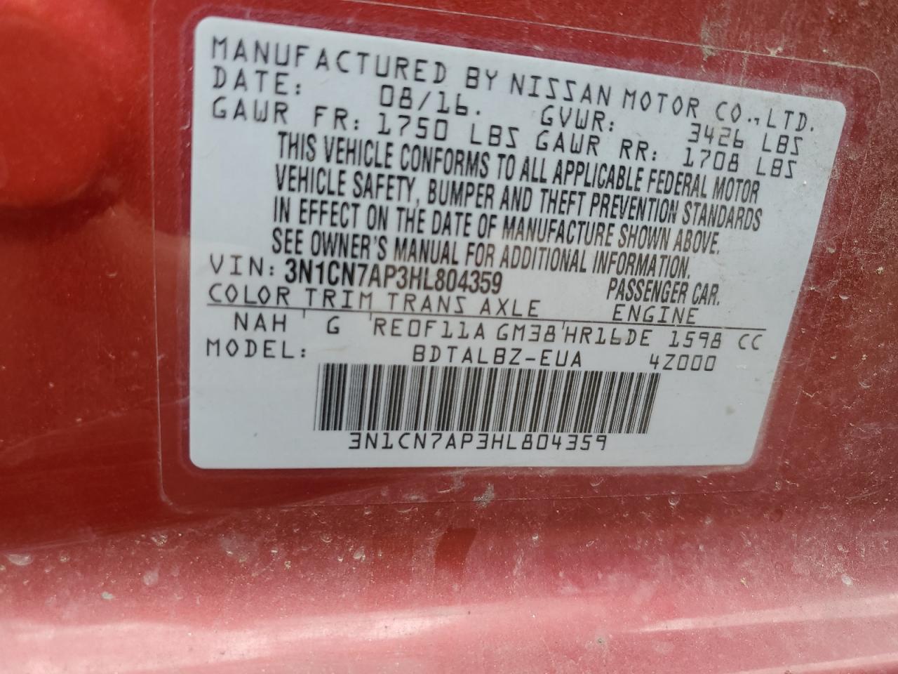 2017 Nissan Versa S VIN: 3N1CN7AP3HL804359 Lot: 80678425