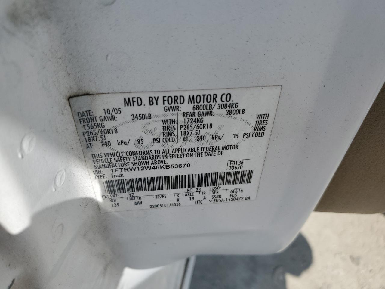 2006 Ford F150 Supercrew VIN: 1FTRW12W46KB53670 Lot: 72047145