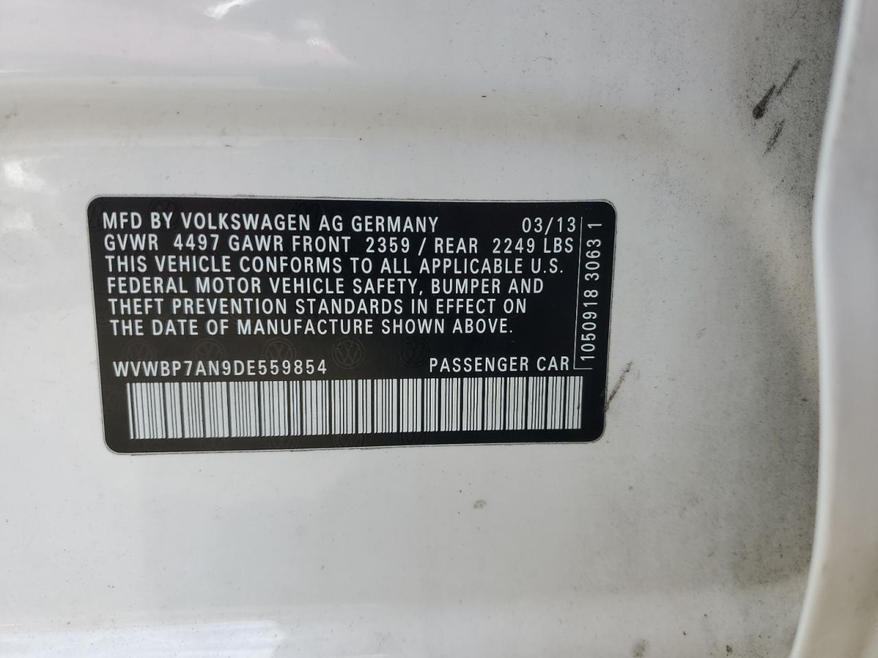 2013 Volkswagen Cc Sport VIN: WVWBP7AN9DE559854 Lot: 82026665