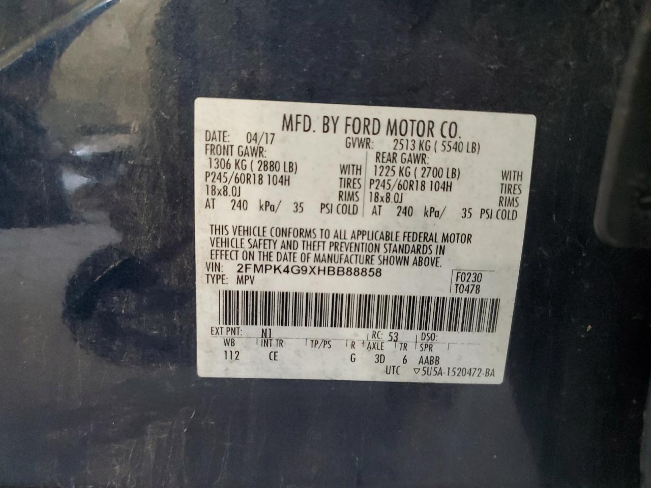 2017 Ford Edge Se VIN: 2FMPK4G9XHBB88858 Lot: 80064325