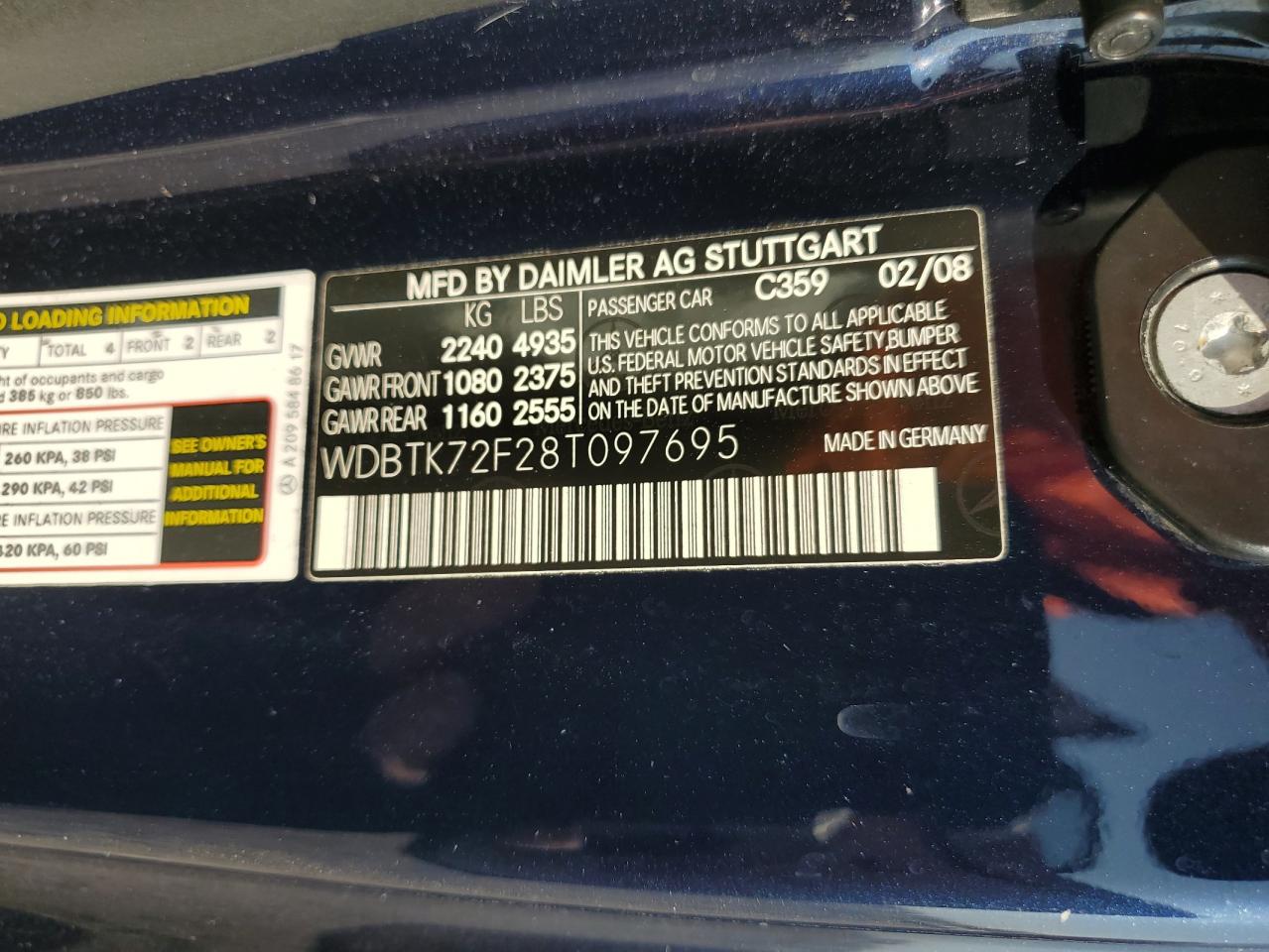 2008 Mercedes-Benz Clk 550 VIN: WDBTK72F28T097695 Lot: 80922155