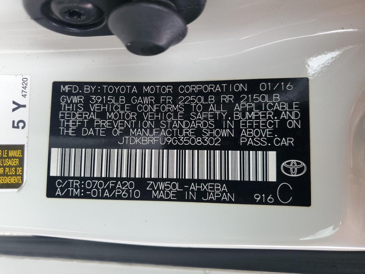 2016 Toyota Prius VIN: JTDKBRFU9G3508302 Lot: 84235335