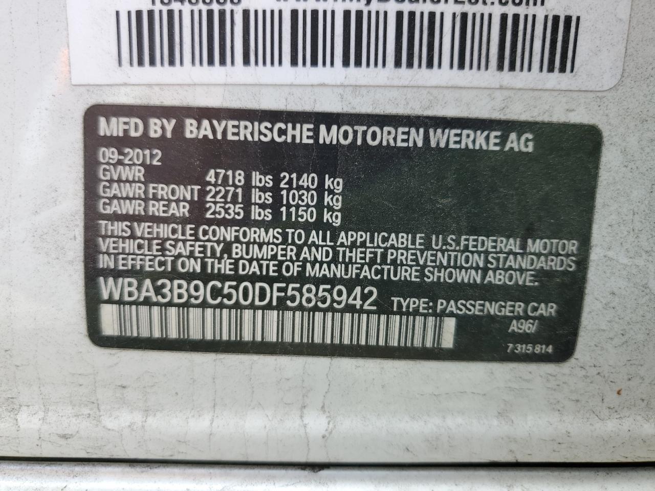 2013 BMW 335 Xi VIN: WBA3B9C50DF585942 Lot: 81073555