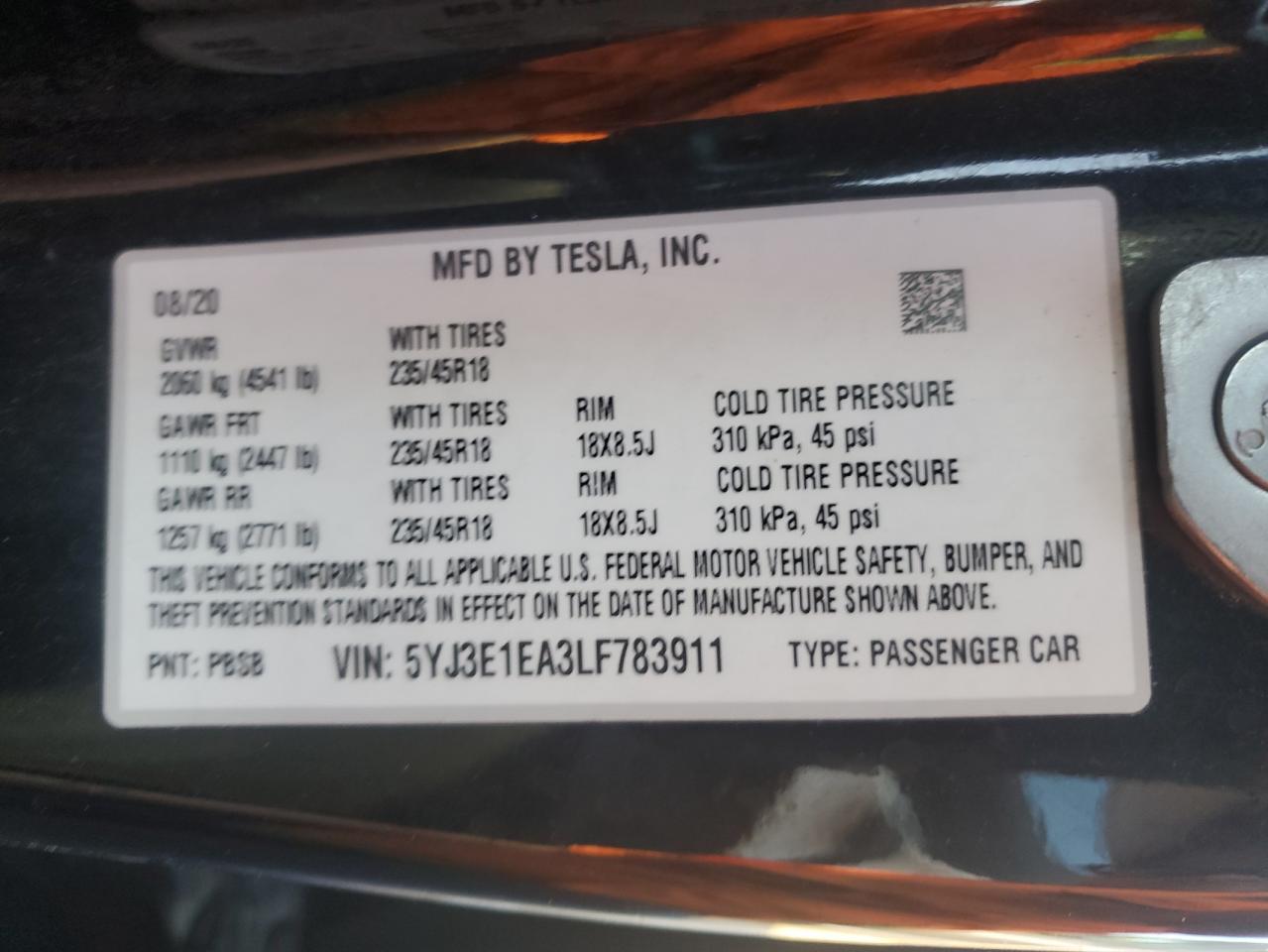 2020 Tesla Model 3 VIN: 5YJ3E1EA3LF783911 Lot: 80630275