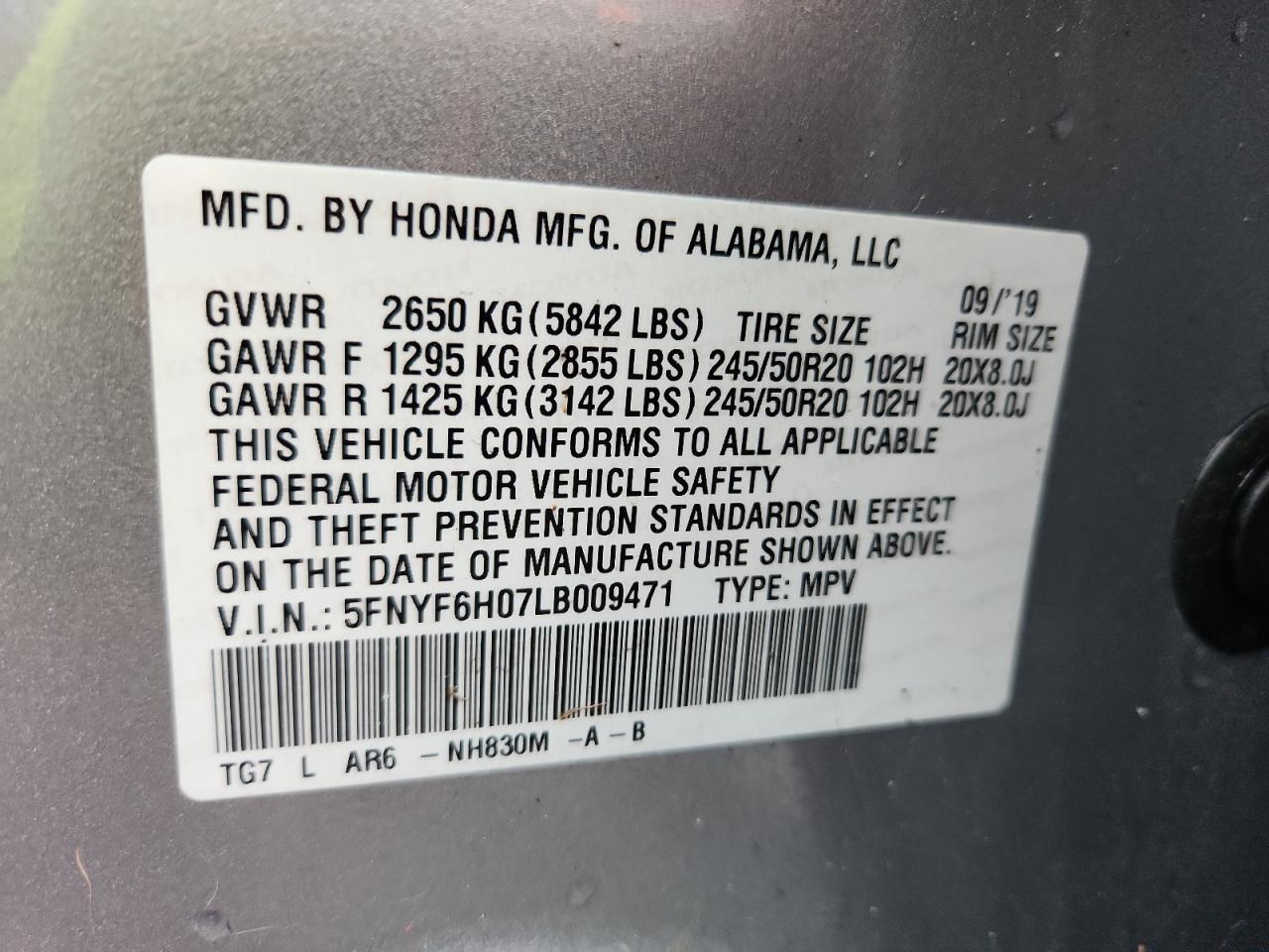 2020 Honda Pilot Elite VIN: 5FNYF6H07LB009471 Lot: 82090515