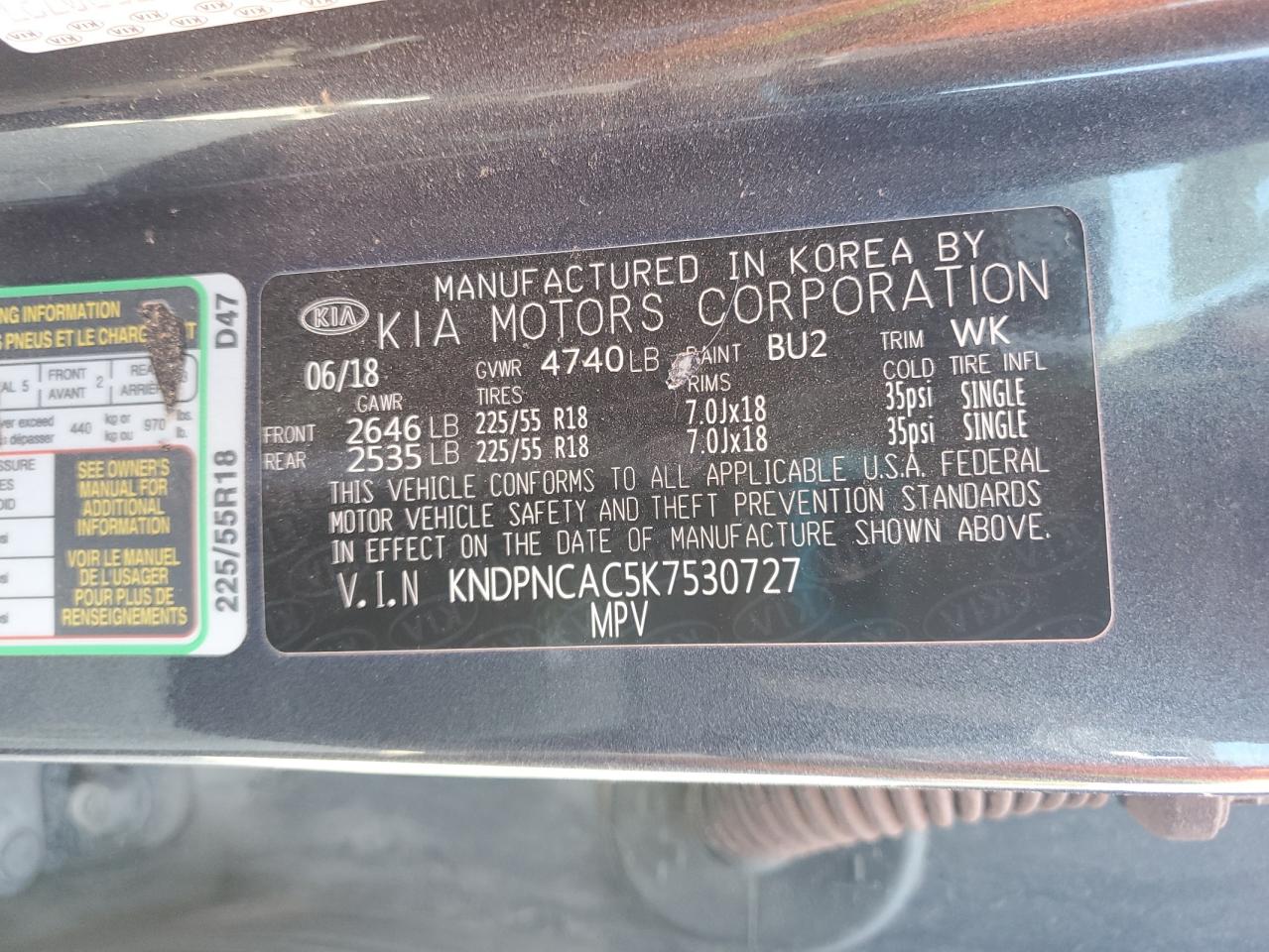 2019 Kia Sportage Ex VIN: KNDPNCAC5K7530727 Lot: 72009035